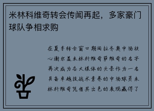 米林科维奇转会传闻再起，多家豪门球队争相求购
